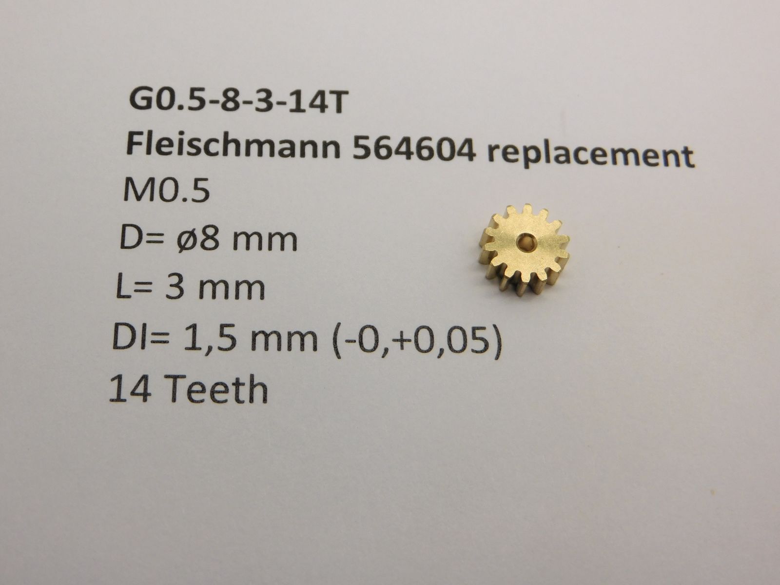 Micromotor.EU G0.5-8-3-14T – Tandwiel voor Fleischmann – Module 0,5 – 14 tanden – Diameter 8 mm – Lengte 3 mm – Asgat 1,5 mm