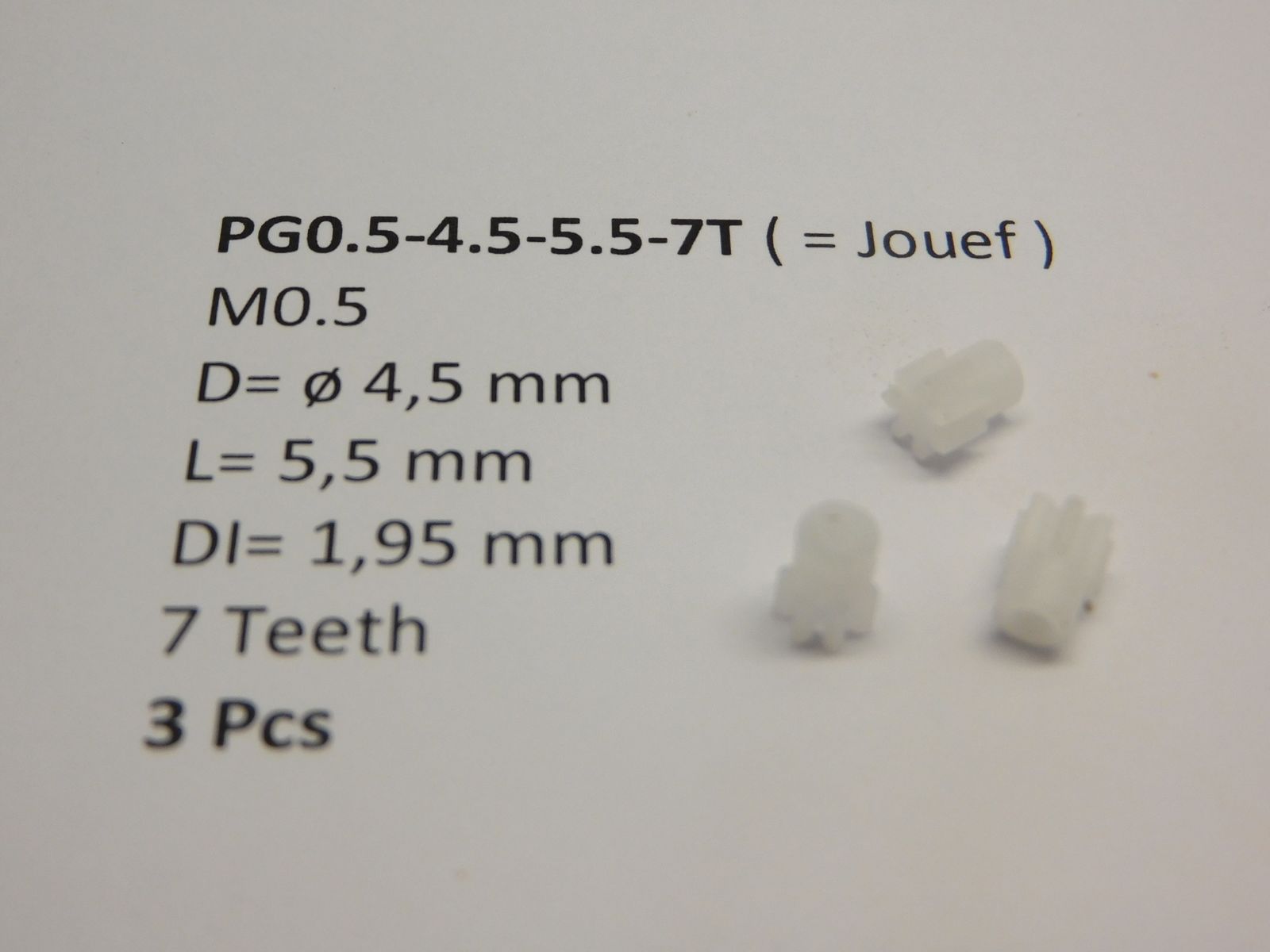 Micromotor.EU PG0.5-4.5-5.5-7T – Tandwiel – Module 0,5 – Diameter 4,5 mm – Lengte 5,5 mm – Boring 1,95 mm – 7 tanden – 3 stuks