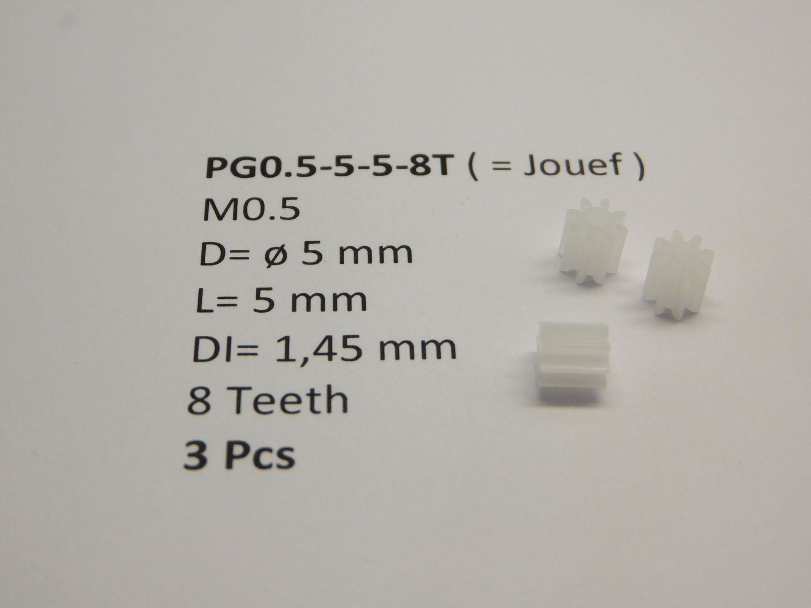 Micromotor.EU PG0.5-5-5-8T – Tandwiel module 0,5 – Diameter 5 mm – Lengte 5 mm – Binnendiameter 1,45 mm – 8 tanden – 3 stuks
