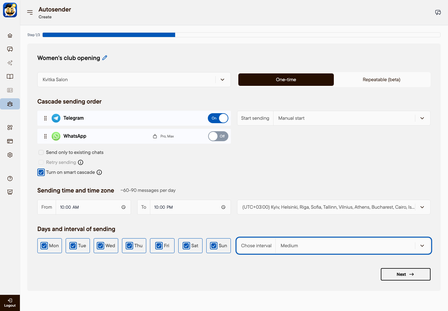 Broadcast settings: Telegram on, Medium interval