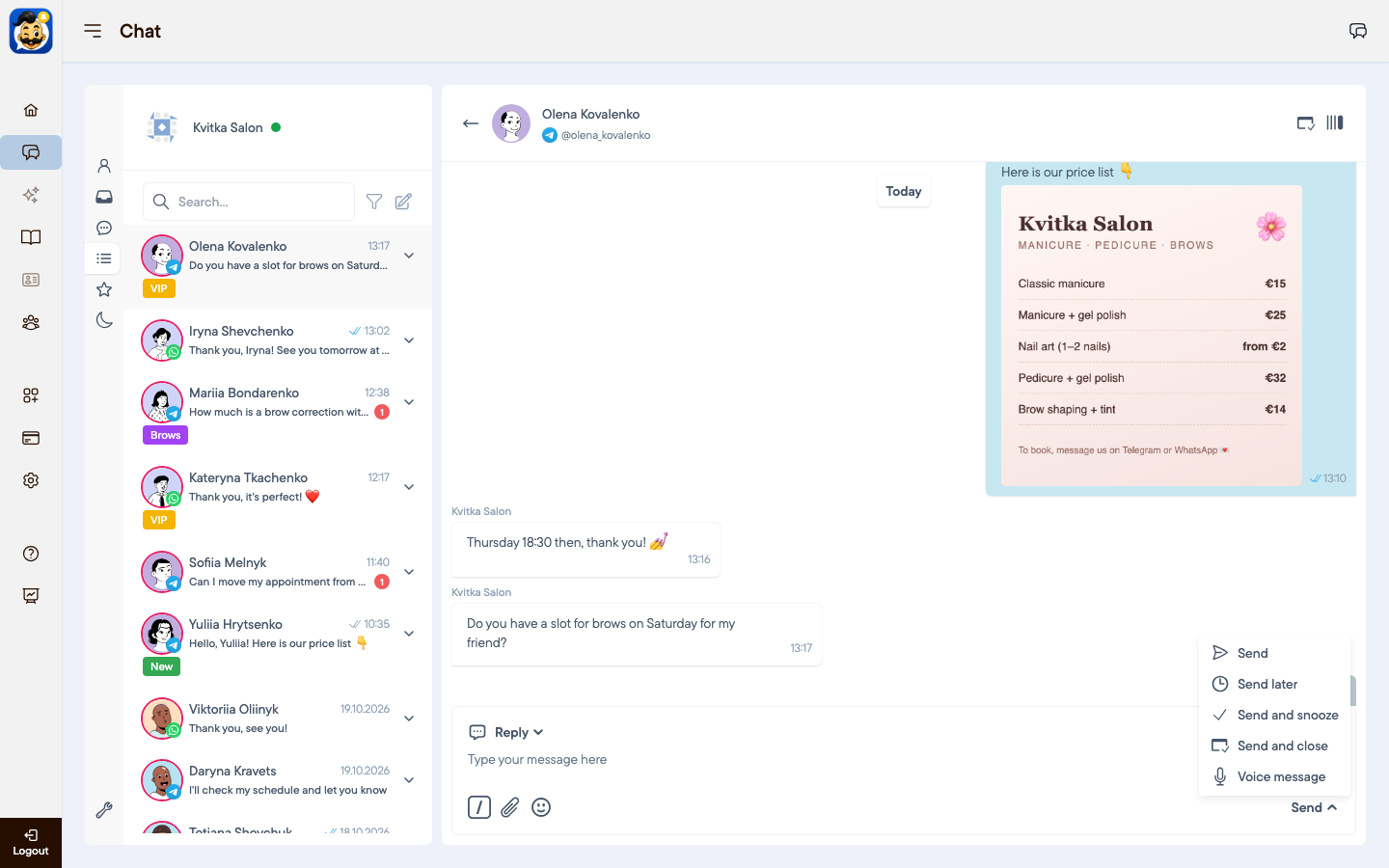 Send menu: Send later, Send and snooze, Send and close, Voice message