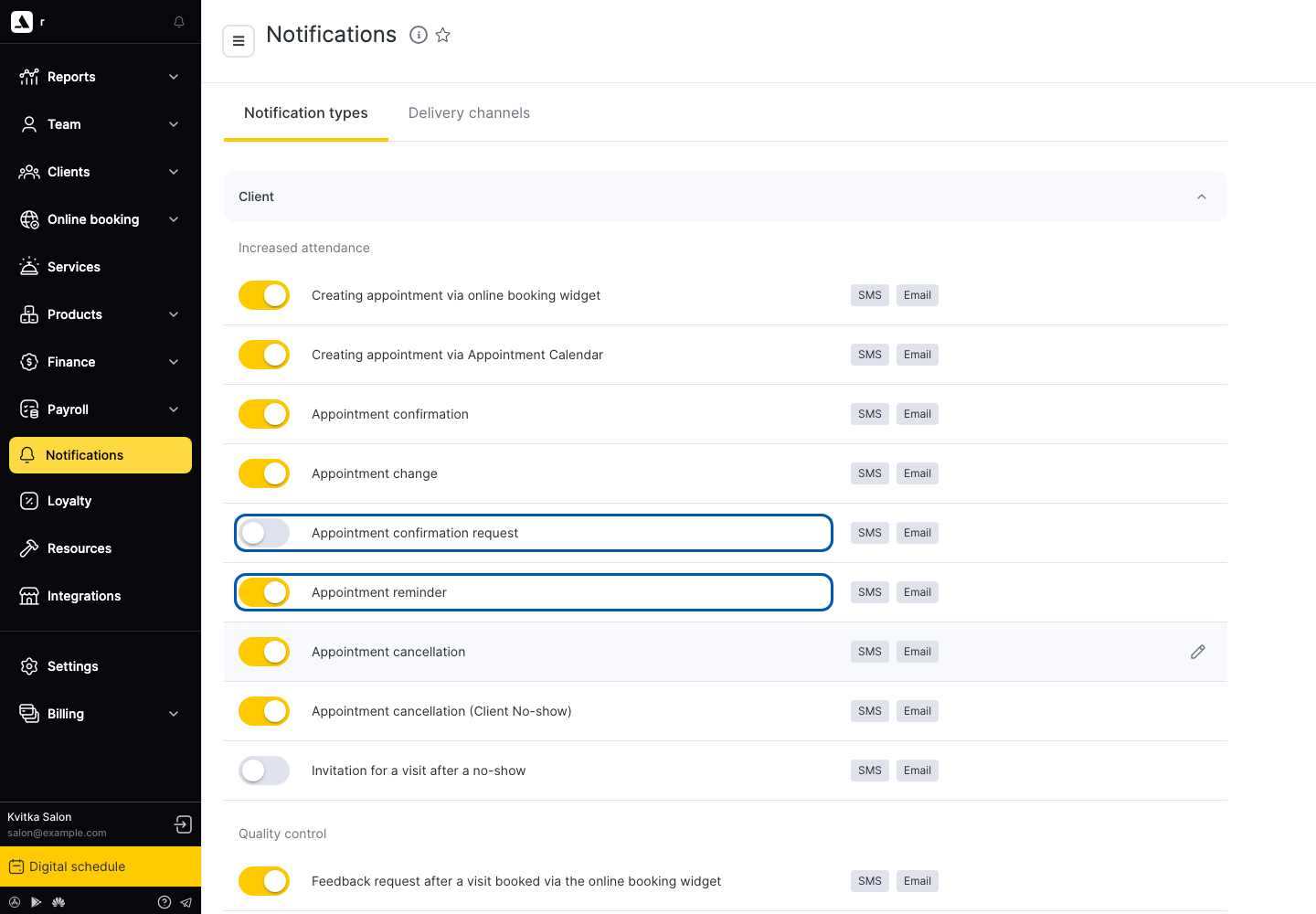 Altegio Notifications → Notification types with Appointment reminder and confirmation request