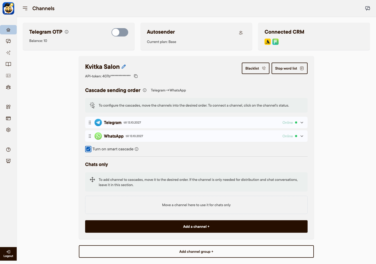 Channels page: connected CRM and channels Online