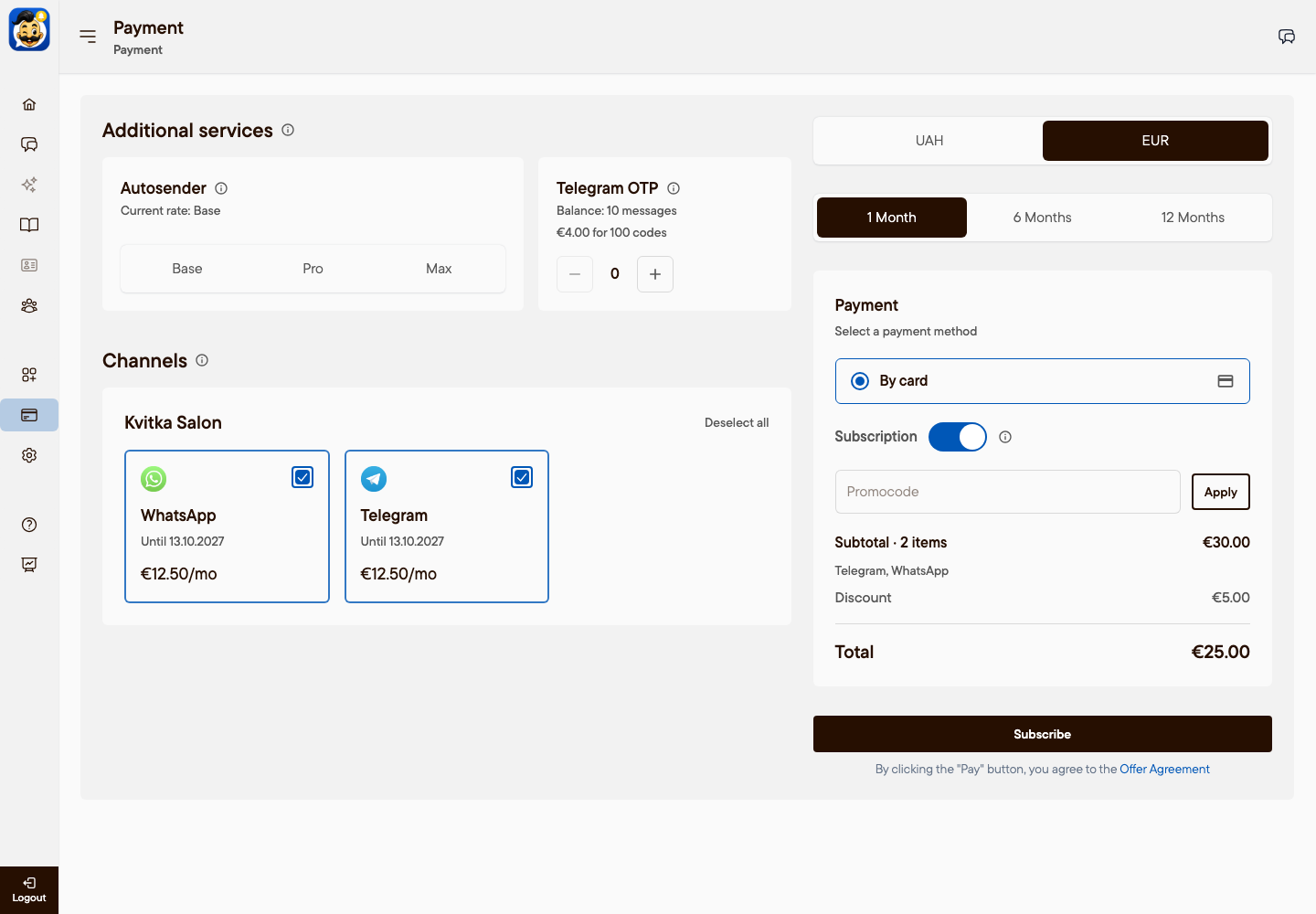 Payment page: WhatsApp and Telegram selected, bundle discount in the total