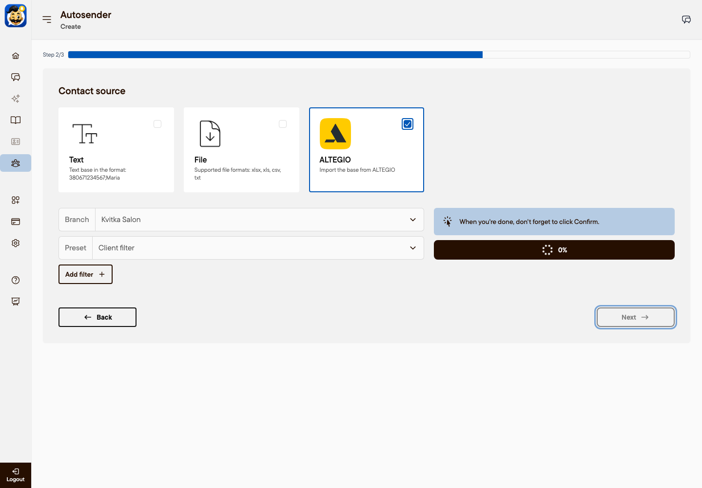 Altegio clients imported: contacts uploaded