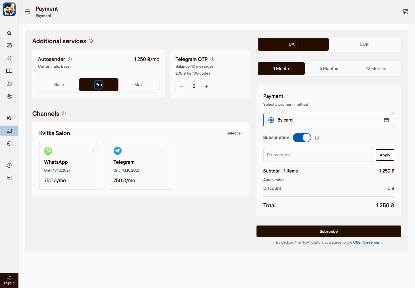Payment page: Additional services, Autosender plan Pro selected