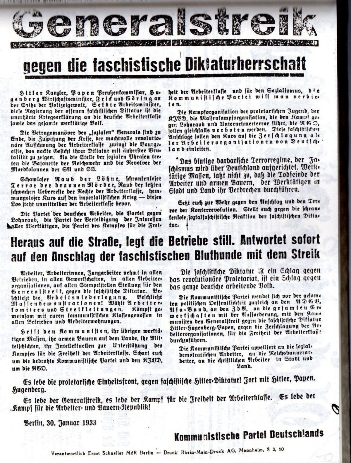 Von der KPD auch in Neustadt nach dem 30. Januar 1933 verbreitetes Flugblatt. Foto: Stadtarchiv Ludwigshafen Y 4.