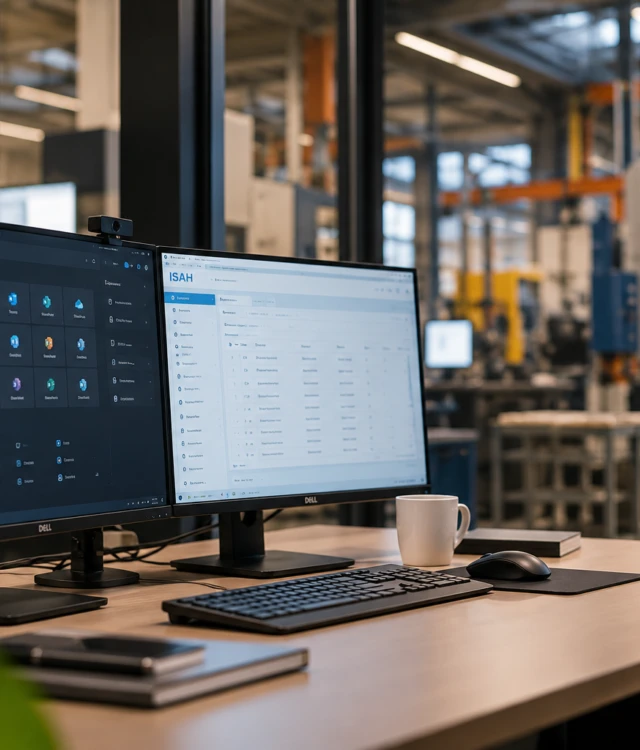 Industriële IT werkplek met dashboards