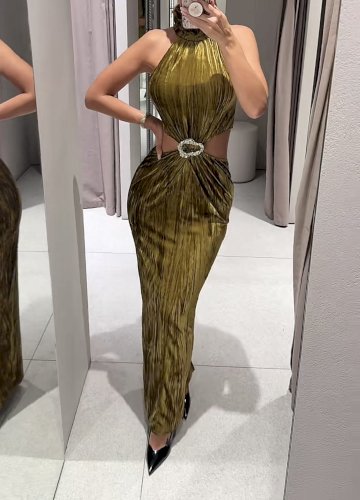Zara savrsena barsun velvet duga svecana haljina s prorezom i brošem u struku