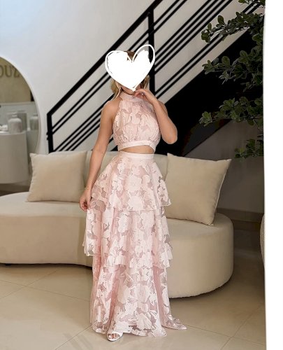 Cipkasta haljina komplet crop top i duga suknja volani čipka