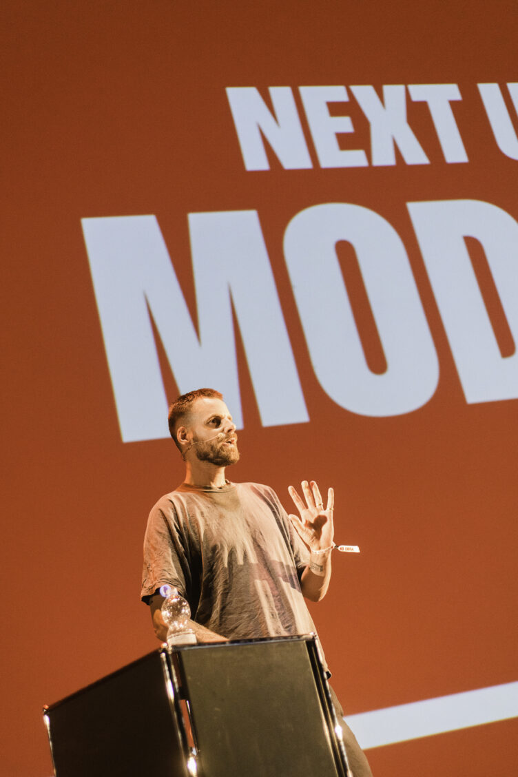 Bas Van de Poel from Modem speaking on stage at POV Budapest 2025.