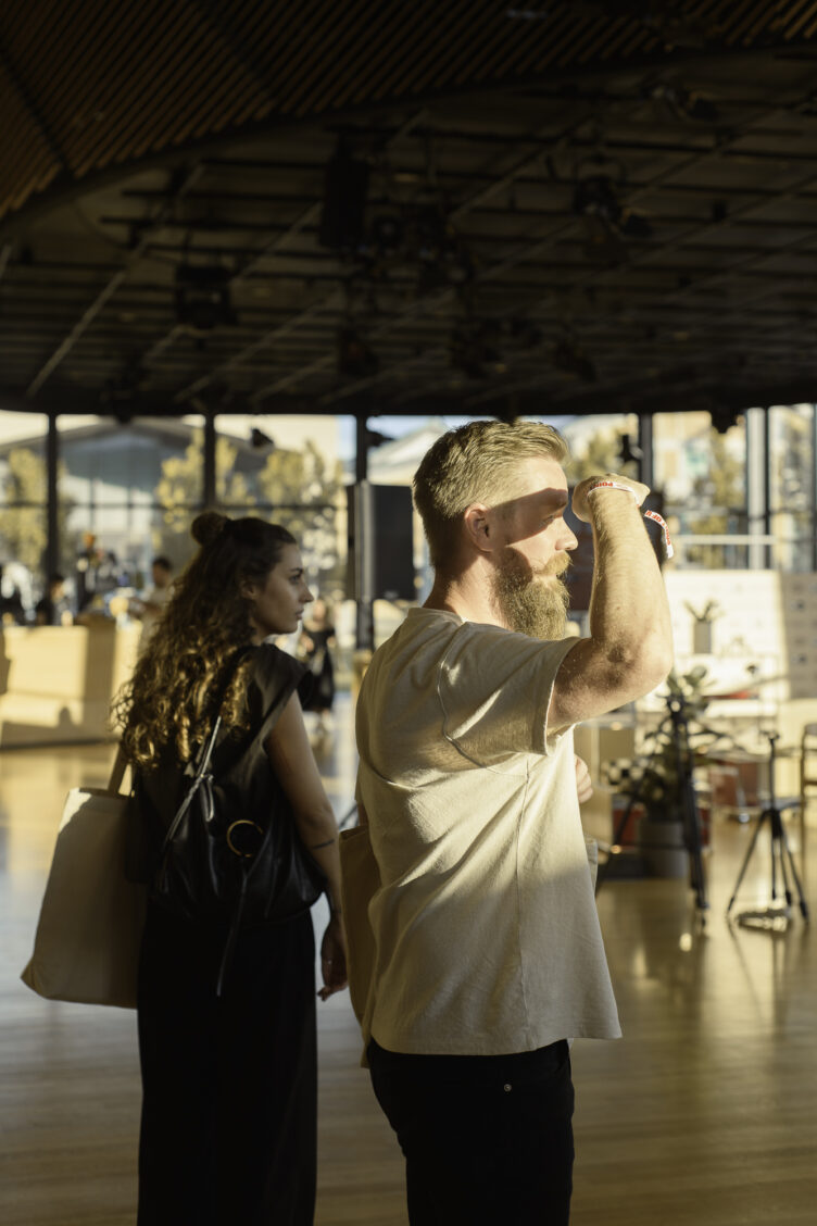 Alica Weber and Esa Hiltunen at POV 2025, standing in the foyer of the National Dance Theatre