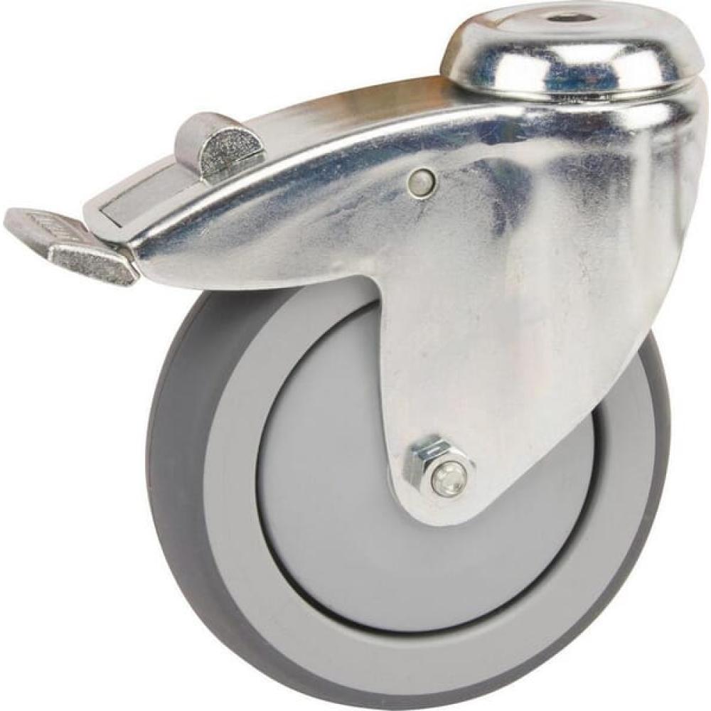 Zwenkwiel rubber: Ø50x19mm, totaalstop, met boutgatbevestiging, belasting: 40kg, Tente