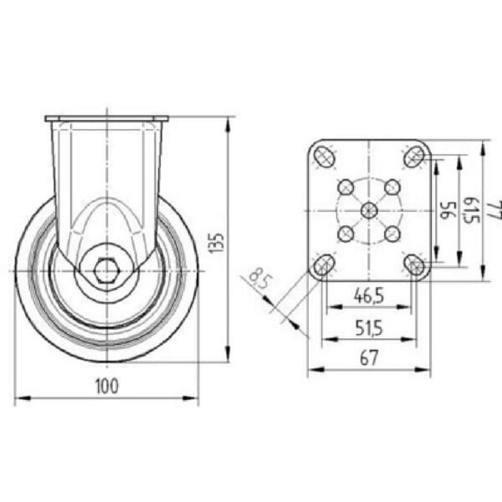Bokwiel rubber: Ø100x32mm, flensplaat: 77x67mm belasting: 100kg, Tente