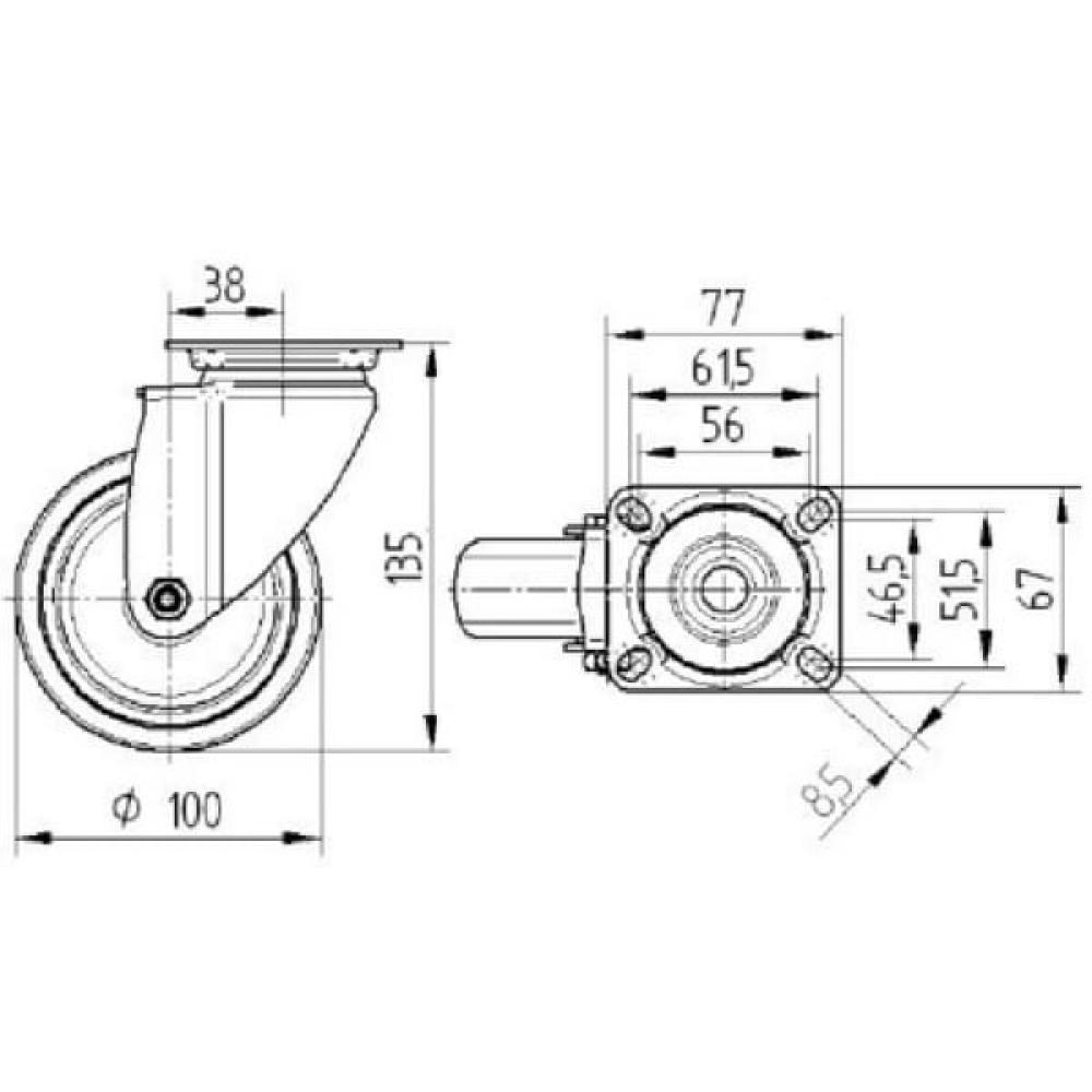 Zwenkwiel rubber: Ø100x32mm, flensplaat: 77x67mm belasting: 100kg, Tente