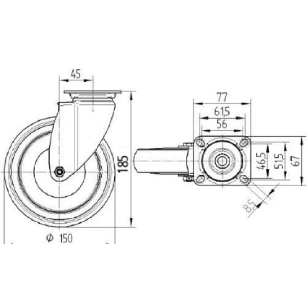 Zwenkwiel rubber: Ø150x32mm, flensplaat: 77x67mm belasting: 100kg, Tente