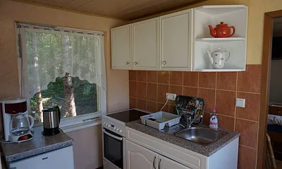 Die Küche mit Herd und Kühlschrank.