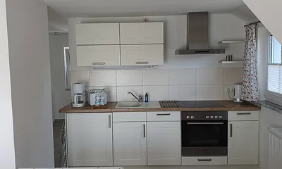 Die Küchenzeile mit  Geschirrspüler, Kühlschrank mit Gefrierfach, Ceranherd und Ablufthaube