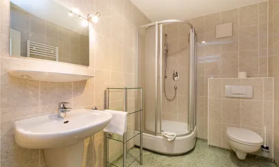 Das schöne Bad mit Dusche und WC.