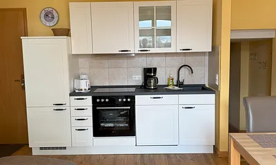 Offene Küche mit großem Kühlschrank 175l, Gefrierfach 40l, Backofen Ceranfeld, Geschirrspülmaschine