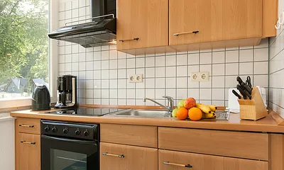 Die Küche ist komplett ausgestattet mit Backofen, Mikrowelle, Kühlschrank, Geschirr etc.