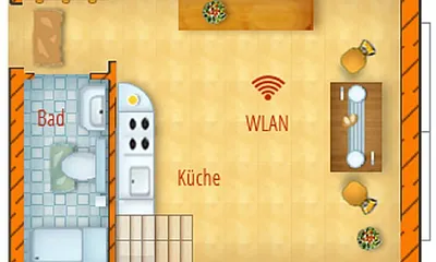 Grundriss Obergeschoss mit Küche und Bad (Dusche /WC)