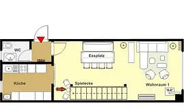 Erdgeschossgrundriss Küche, Gäste-WC und Wohnraum