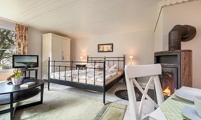 Der Kaminofen kann bei Bedarf mit Holz (wird bereitgestellt) geheizt werden.