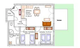 Grundriß: sehr schöne und trotzdem funktionale Einrichtung in geräumigen Zmmern
