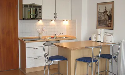 Blick auf den Küchenbereich, viele E-Geräte sind vorhanden