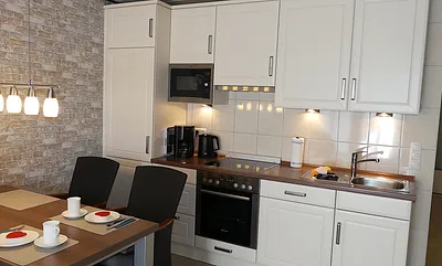Küchenzeile mit Kühlschrank, Gefrierschrank, Mikrowelle, Ceranfeld, Backofen, Geschirrspüler, Spüle - und vieles mehr