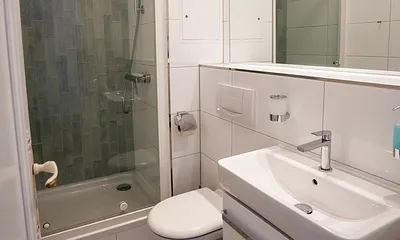 Das Bad mit Dusche, WC und Fön.