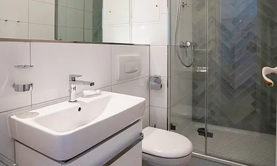 Das Bad mit Dusche, WC und Fön.