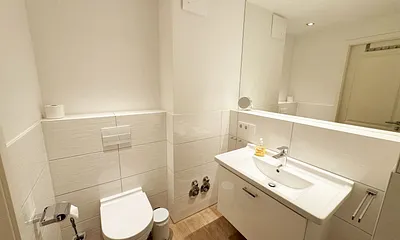 Badezimmer mit ebenerdiger Dusche, Waschbecken, WC und Handtuchheizkörper