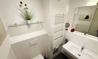 Badezimmer mit ebenerdiger Glasdusche, Fön, Waschbecken, WC und Handtuchtrockner