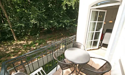 bestuhlter Balkon (West) mit Blick Richtung Wald