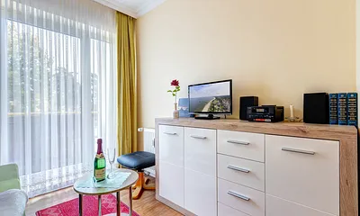 Wohnzimmer mit Flat-TV, Stereoanlage und frz. Balkon