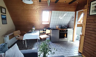 Essplatz und Miniküche mit zwei Herdplatten, Backofen, Kühlschrank, Wasserkocher, Toaster, Kaffeemaschine, sowie Zubehör wie Küchenhandtücher, Küchenrolle, Spülmittel usw.