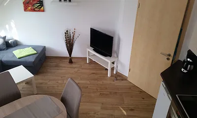 Wohnzimmer mit offener Küche und Essecke, sowie Schlafcouch