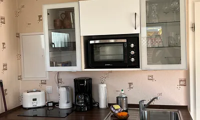 Gut ausgestattete Küche mit Kühlschrank, Minibackofen, Kaffeemaschine und vielem mehr