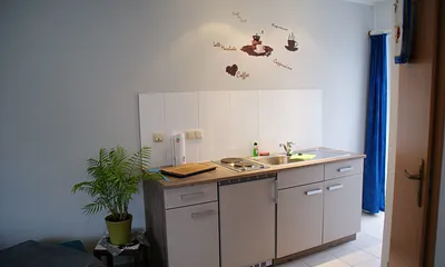 Pantryküche mit Kühlschrank und kleinem Gefrierfach