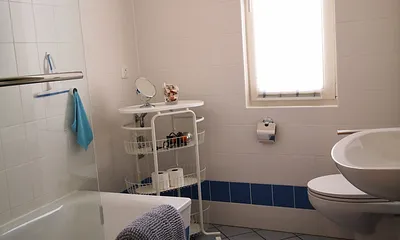 Badezimmer mit Duschwanne 175x75 und Handtuchtrockner, Insektenschutz am Fenster