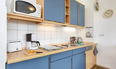 Die Küchenzeile ist komplett ausgestattet mit Geschirrspüler, Mikrowelle, Geschirr  etc.