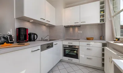 Der Kühlschrank hat ein Eisfach, der Backofen hat eine integrierte Mikrowelle.