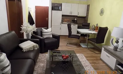 Blick auf den Wohn/ Essbereich mit Ledercouch