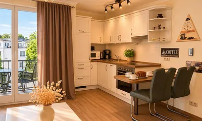 Wohnzimmer mit voll ausgestatteter integrierter Küche