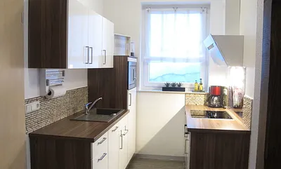 Küche mit Geschirrspüler, Herd mit Ceranfeld, Mirkowelle und Kühlschrank