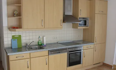 Küche mit Geschirrspüler, Backofen und Gefrierschrank