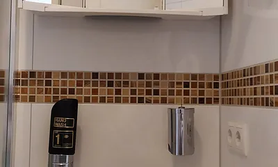 Badezimmer mit WC und Dusche, Fön