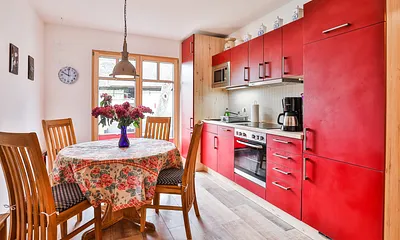 Komfortable Küchenzeile mit E-Herd + Seranfeld, Geschirrspülautomat, Kühl- und Gefriekombination und Mikrowelle